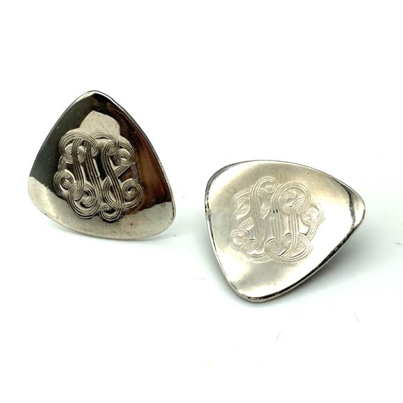 Elegant Engraved Scrollwork Earrings, Vintage Polished Silver Tone Rounded - Picture 2 of 5